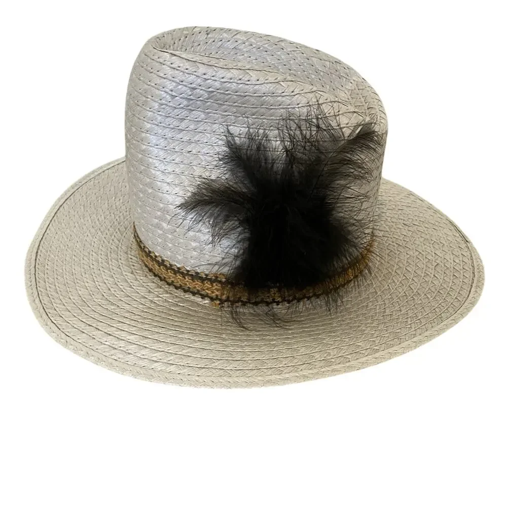 Western Straw Cowboy Hat Sz 6 7/8 Feather Hatband Country Ranch‎ Apache